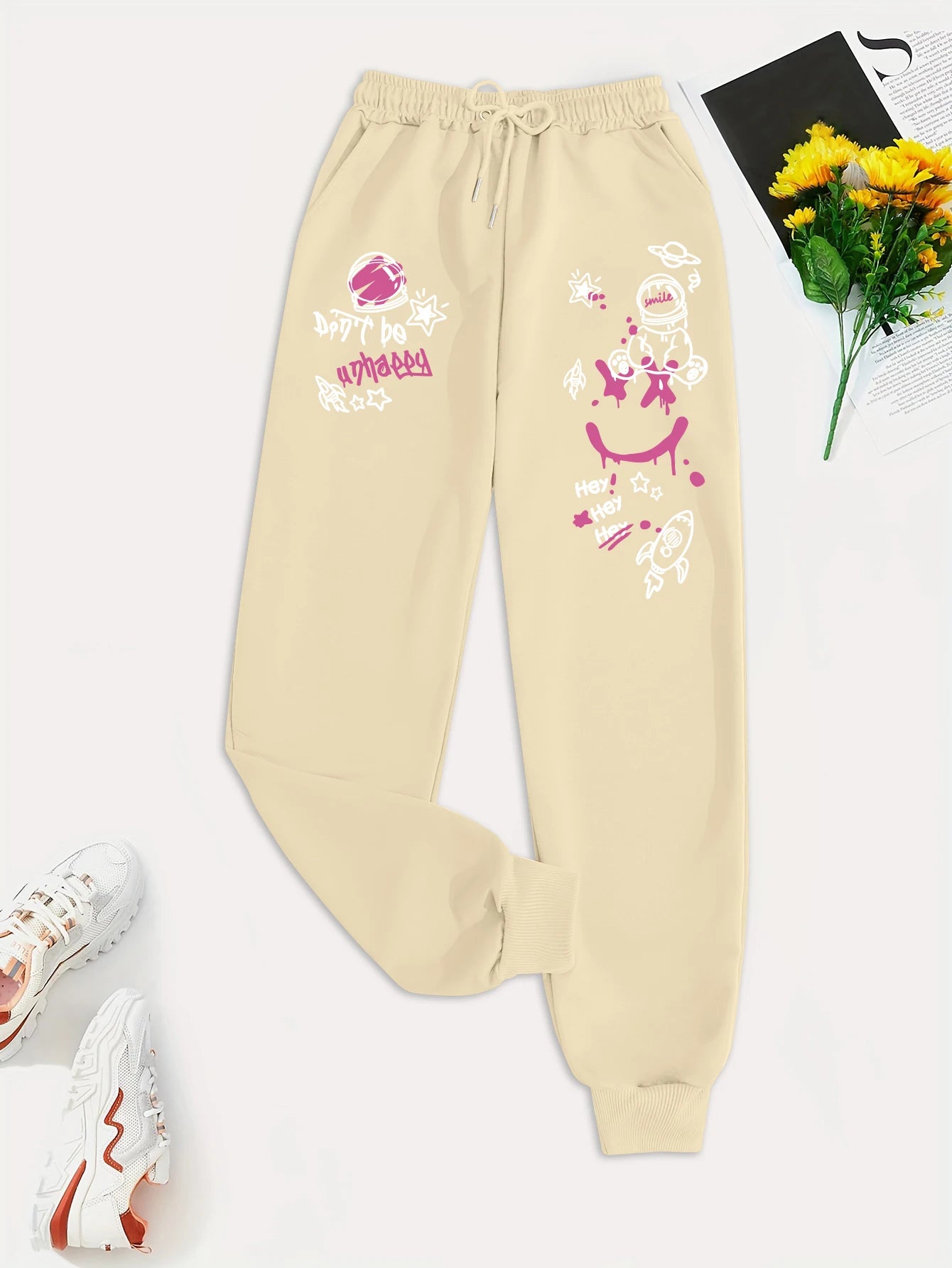 Women's Casual Graffiti Printed Sweatpants For Everyday Wear Versatile Pocket Drawstring Trendy Street Pant Female Autumn Winter