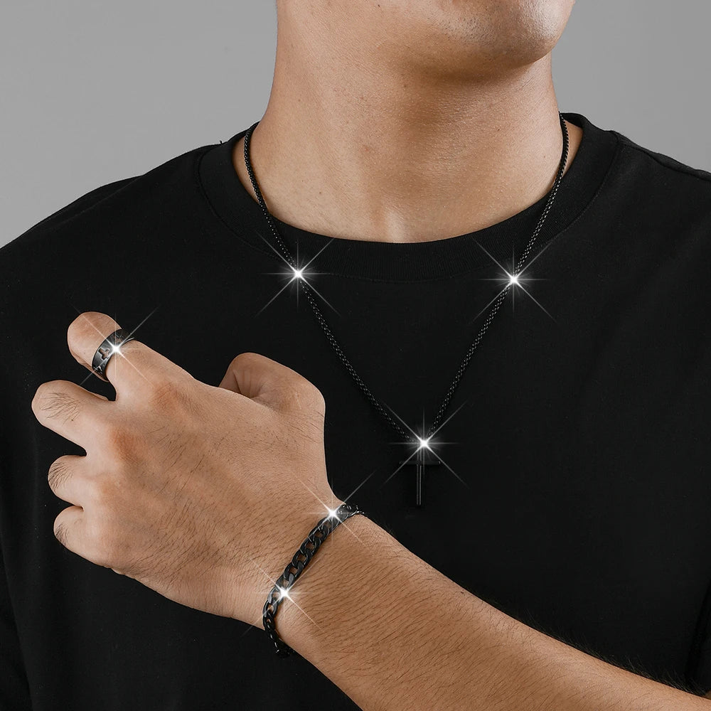 3pcs Set Men's Stainless Steel Metal Cross Pendant Chain Necklace Bracelet Ring Jewelry Set Male Hip Hop Daily Wear Accessories