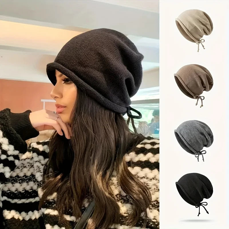 Autumn Winter Drawstring Adjustable Knit Hat Fashion Retro Street Wear Accessories Gift For Girlfriend Windproof Cold Proof Warm
