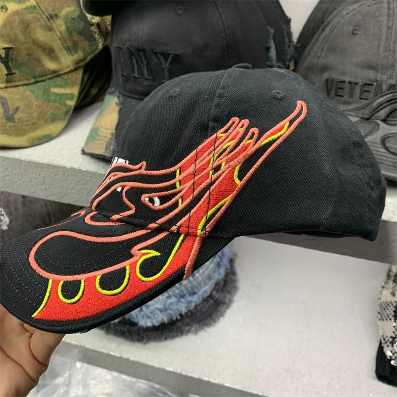 Niche American Heavy Industry 2025 New Flame Cap Letters Graffiti Hip Hop Trend Street Baseball Caps for Both Men and Women Hat