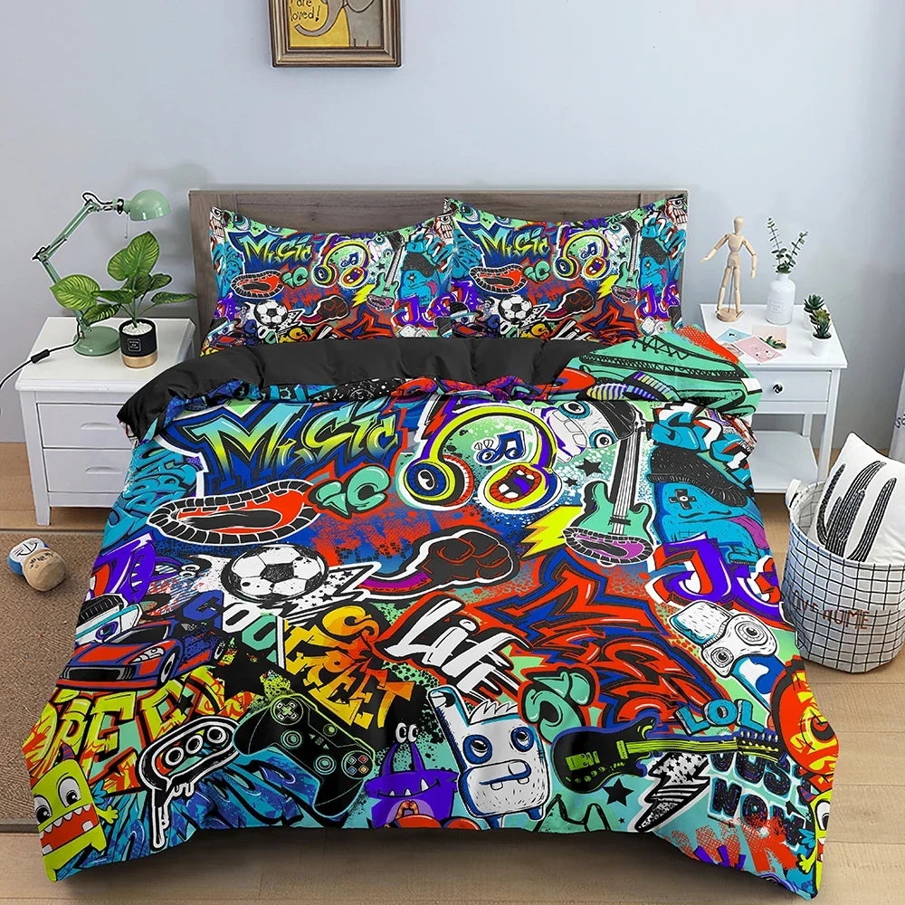 Hip Hop Decor Duvet Cover Colorful Bedspreads Cover Graffiti Pattern Street Culture Theme Decor Bedding Set for Adult Kids Teen