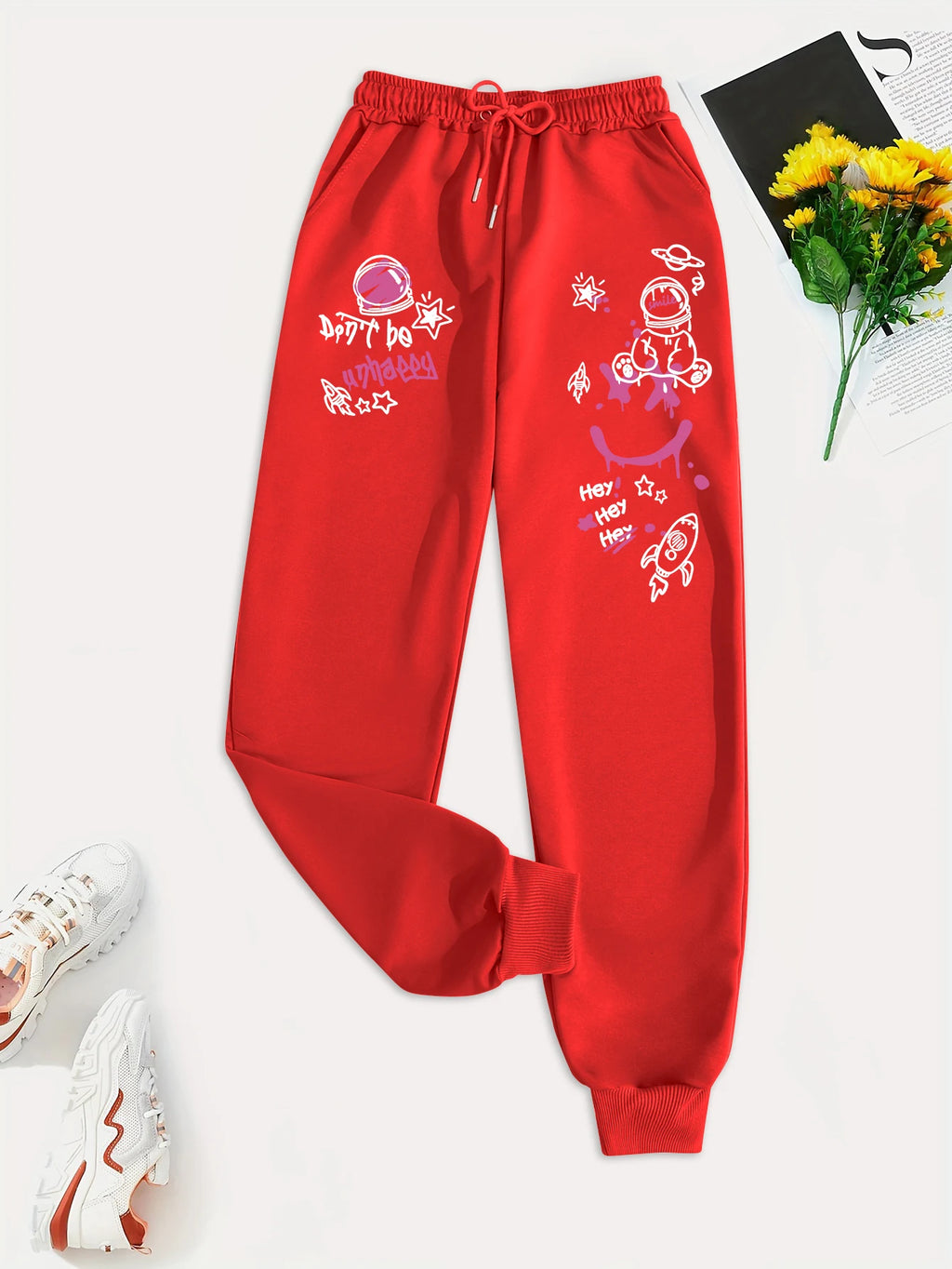 Women's Casual Graffiti Printed Sweatpants For Everyday Wear Versatile Pocket Drawstring Trendy Street Pant Female Autumn Winter