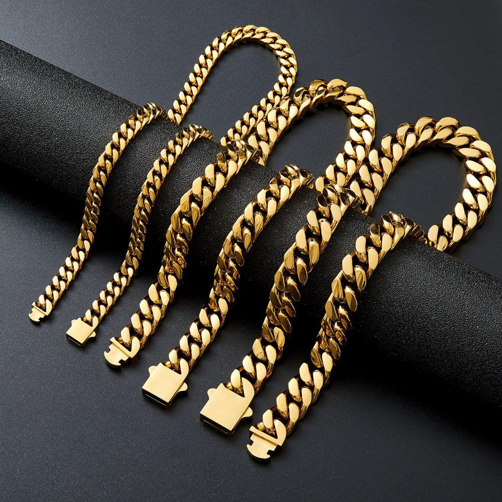 316 Stainless Steel Plated 18k Gold Fashion 8.10.12mm Encrypted Cuban Chain Rap Hip Hop Men Women Bracelet Necklace Accessories