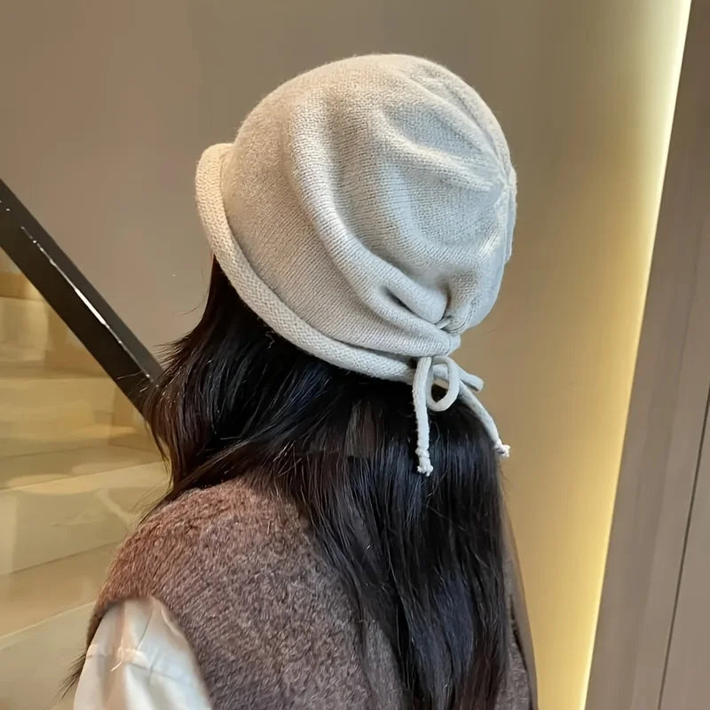 Autumn Winter Drawstring Adjustable Knit Hat Fashion Retro Street Wear Accessories Gift For Girlfriend Windproof Cold Proof Warm