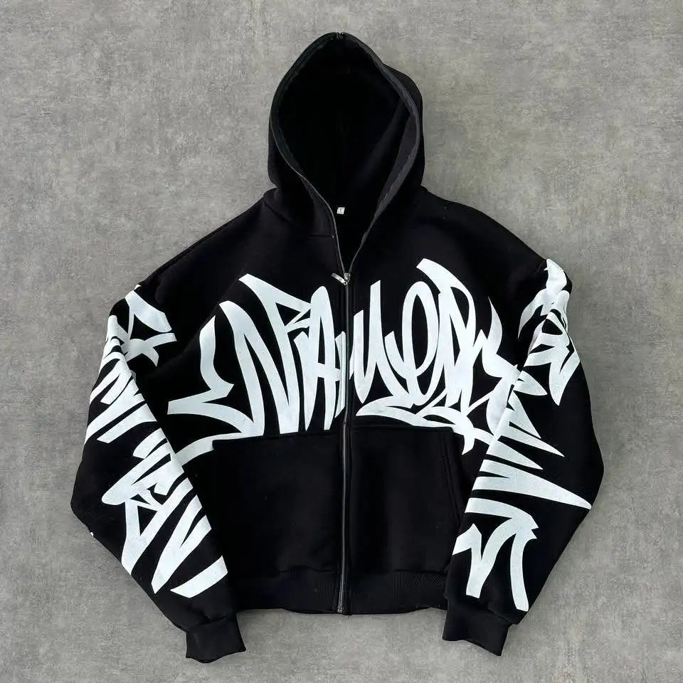 Trend High Street Letters Graffiti Printed Zipper Hoodie Retro Y2K Men Gothic Hip Hop Punk Casual Oversized Sweatshirt Harajuku