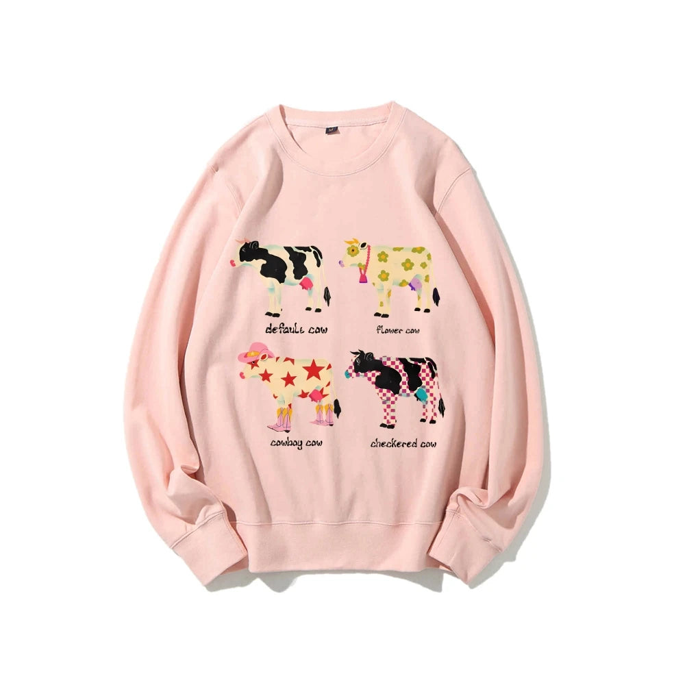 Cute Cow Print Sweater Women's Fashion Casual Crew Neck Pure Cotton Sweatshirt Long Sleeve Warm High Quality Street Wear