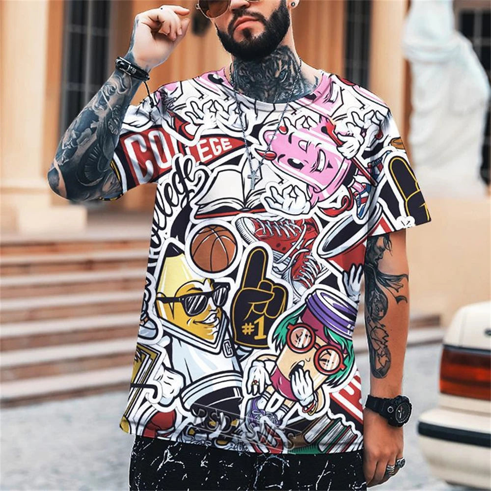 New Fun Graffiti Street T-Shirt 3D Printed Men's Hip Hop Summer Cool Tee Shirt Casual Youth Popular Personality Short Sleeve Top