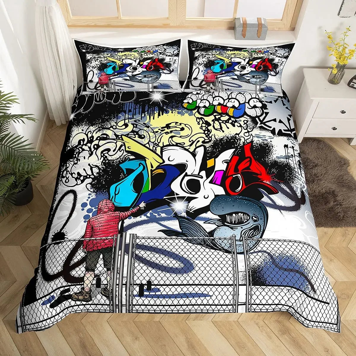 Hip Hop Decor Duvet Cover Colorful Bedspreads Cover Graffiti Pattern Street Culture Theme Decor Bedding Set for Adult Kids Teen