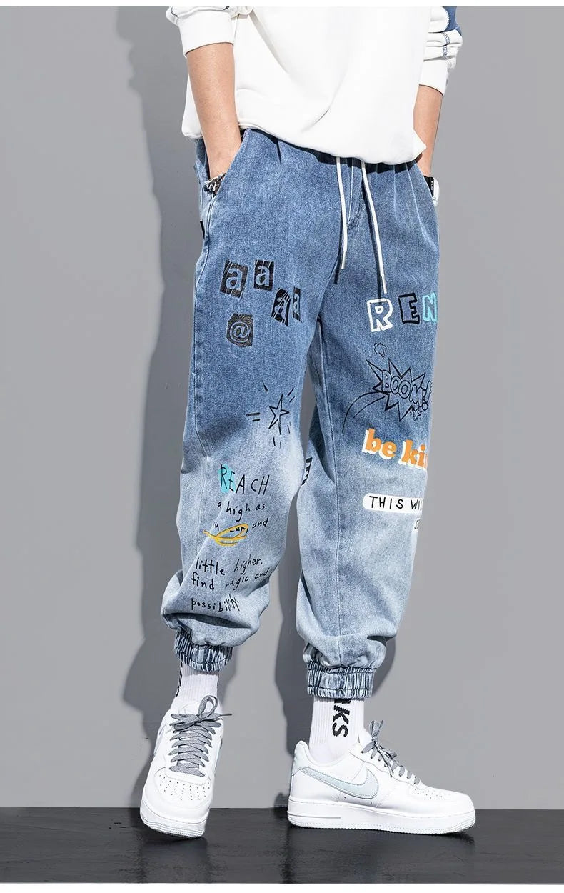 Graffiti Printing Jeans Men's Gradient Hip Hop Trousers Harem Cartoon Loose Casual Ankle Banded Pants Cargo Denim Jeans Fashion