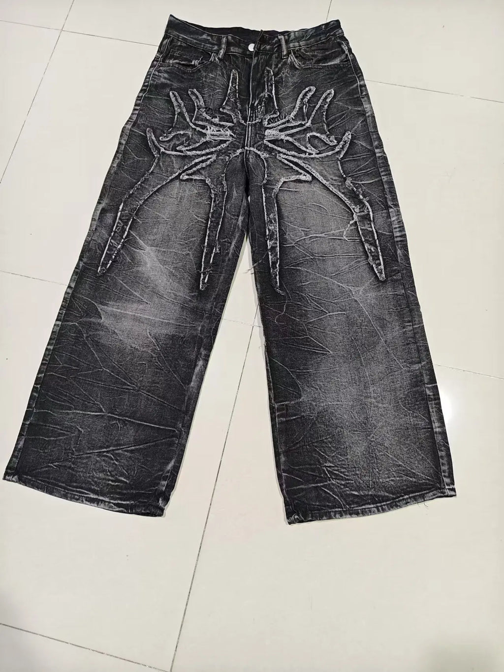 Gothic Retro Oversized Baggy Fit Unisex Mopping Pants Y2K Phantom Jeans High Street Spider Embroidered Patch Hip Hop Streetwear