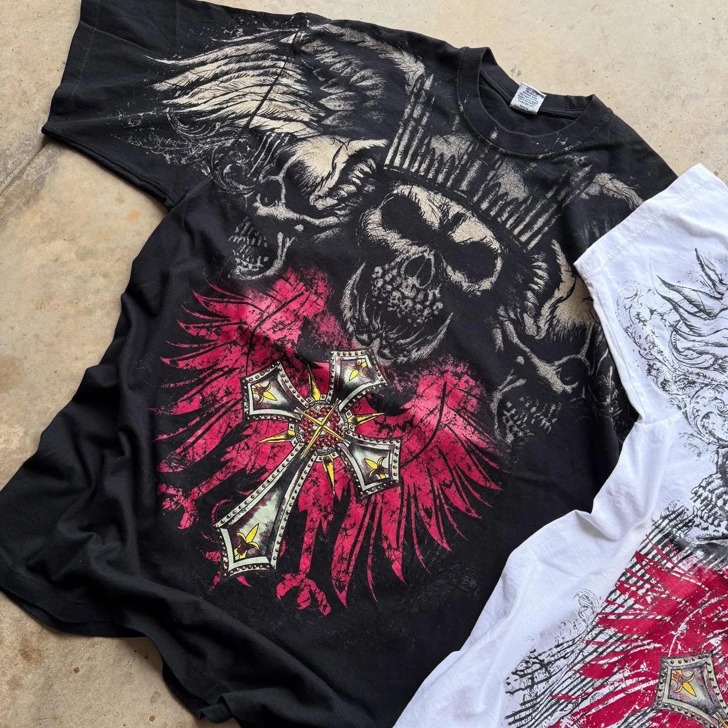 Hip Hop Multi-Element T-Shirt Mens American High Street Retro Loose Short-Sleeved Double-Sided Graffiti Printed Unisex Shirt