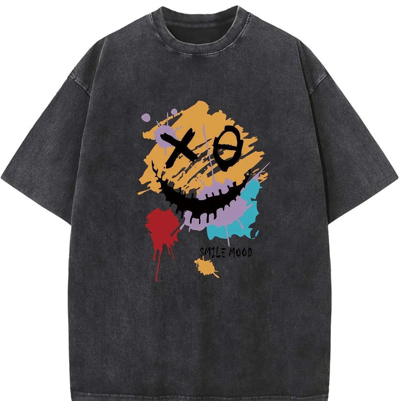 Graffiti Emoji, Retro Washed High-quality Cotton Pattern T-shirt, Men's T-shirt, Round-neck Top, Short Sleeve