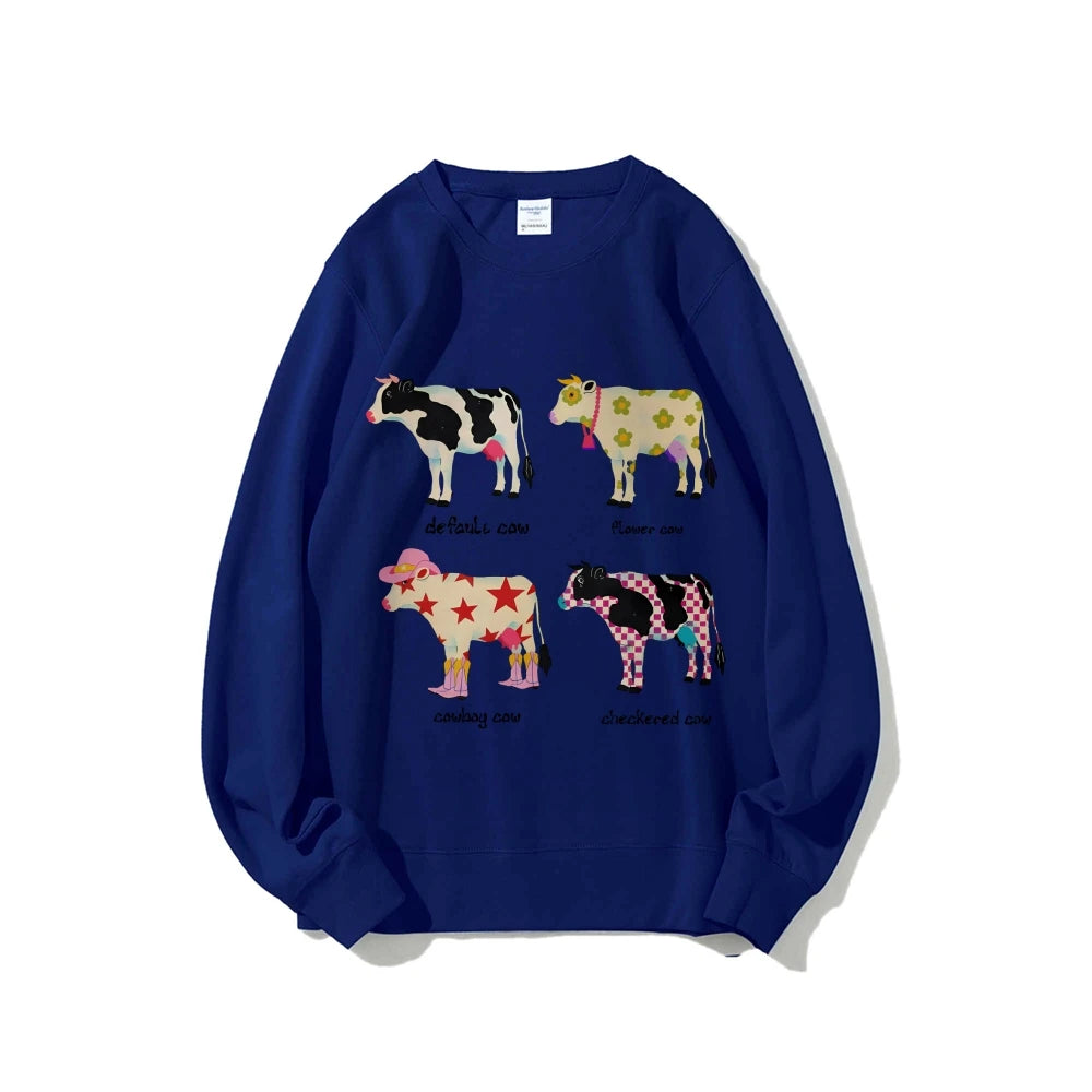 Cute Cow Print Sweater Women's Fashion Casual Crew Neck Pure Cotton Sweatshirt Long Sleeve Warm High Quality Street Wear