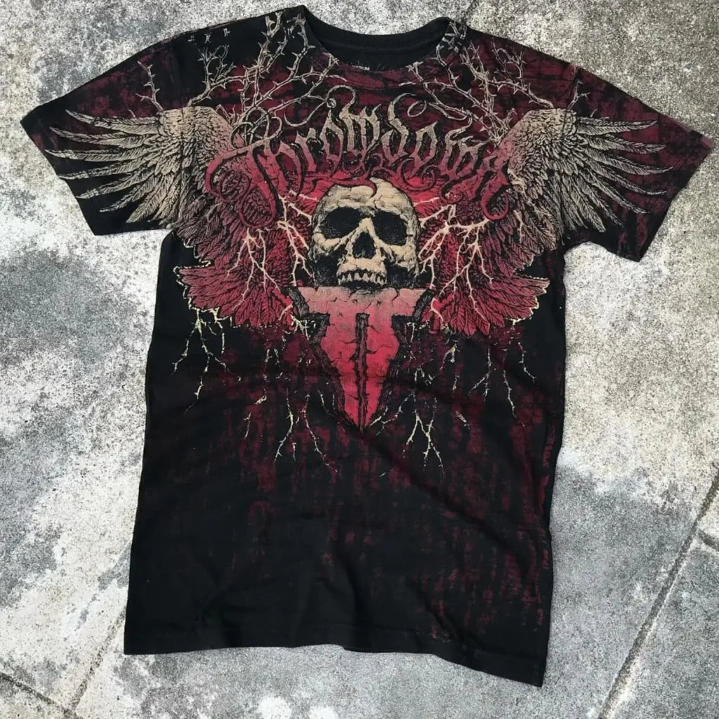 Hip Hop Multi-Element T-Shirt Mens American High Street Retro Loose Short-Sleeved Double-Sided Graffiti Printed Unisex Shirt