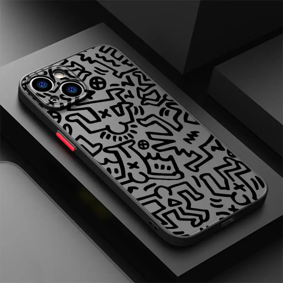 Luxury Black Graffiti Phone Case for iPhone 16 15 11 12 13 14 Pro Max 16 Plus 12 Mini 7 8 XS 15Pro Shockproof Matte Cover