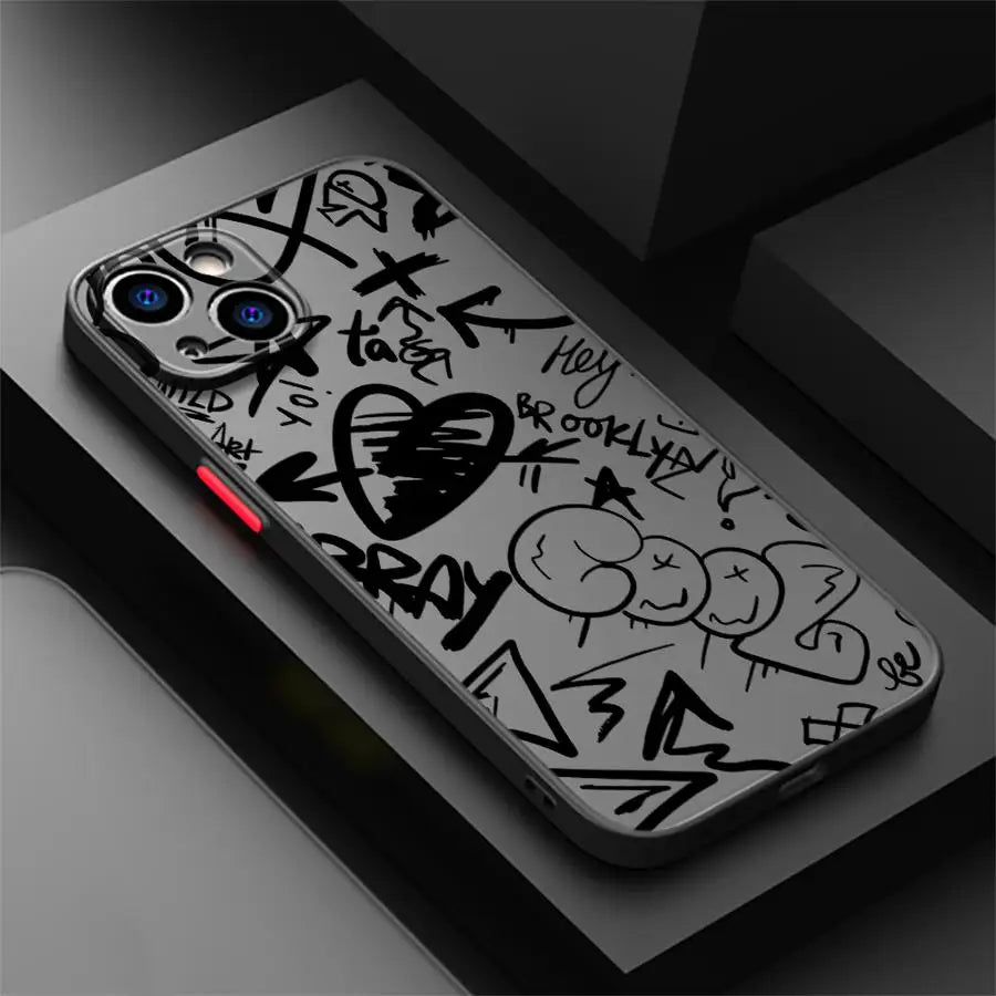 Luxury Black Graffiti Phone Case for iPhone 16 15 11 12 13 14 Pro Max 16 Plus 12 Mini 7 8 XS 15Pro Shockproof Matte Cover