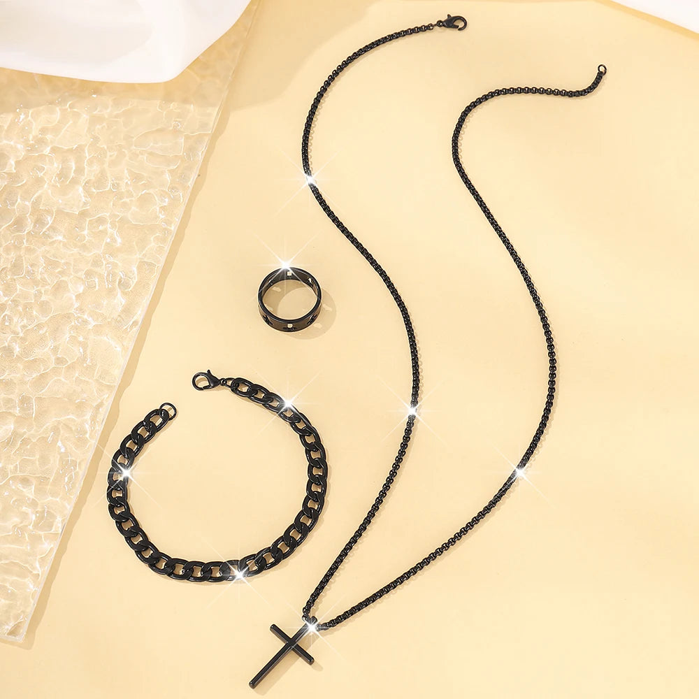 3pcs Set Men's Stainless Steel Metal Cross Pendant Chain Necklace Bracelet Ring Jewelry Set Male Hip Hop Daily Wear Accessories