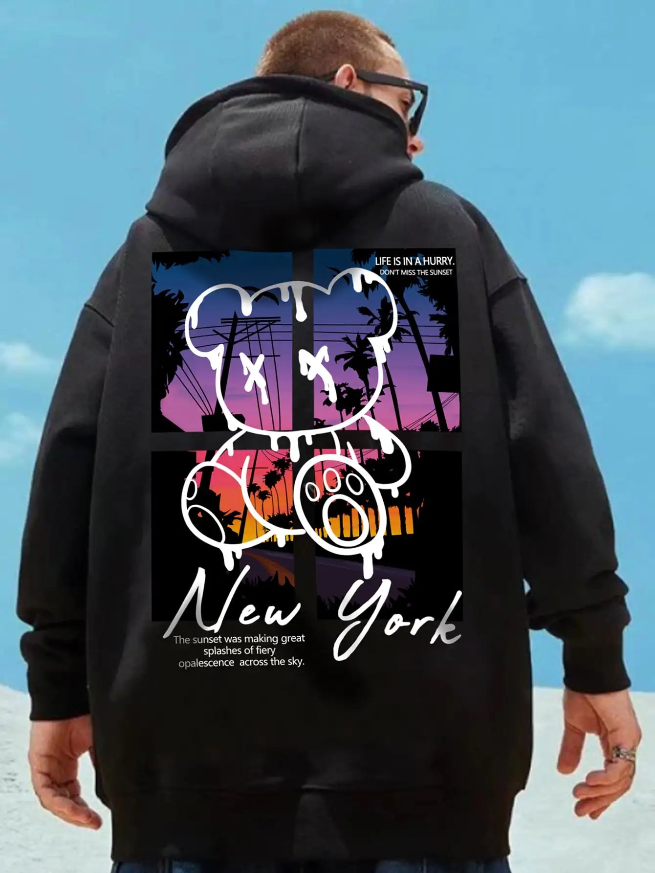 New York Art Word Cartoon Bear Sunset Scenery Design Male Clothing Hip Hop Street Hoodies All-Match Pocket Pullovers Men Hoody