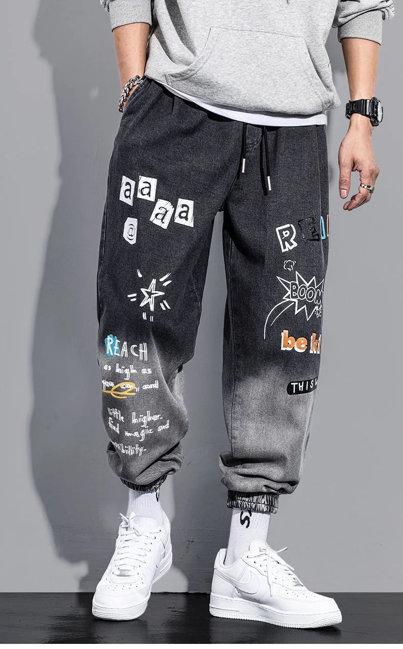 Graffiti Printing Jeans Men's Gradient Hip Hop Trousers Harem Cartoon Loose Casual Ankle Banded Pants Cargo Denim Jeans Fashion