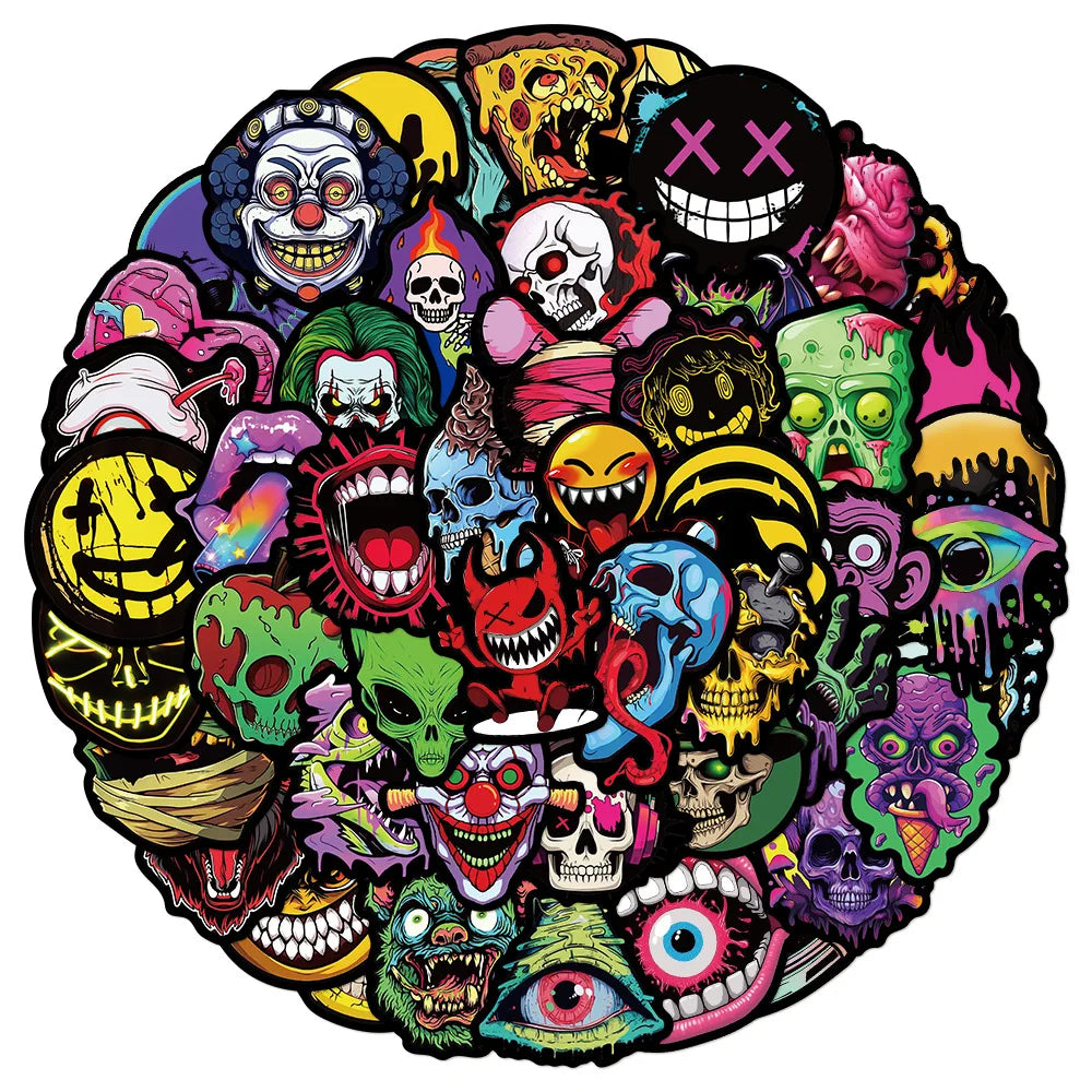 50Pcs Cool Horror Skull Stickers Waterproof for Skateboard Guitar Car Skateboard Motorcycle Helmet Decals Graffiti Toys