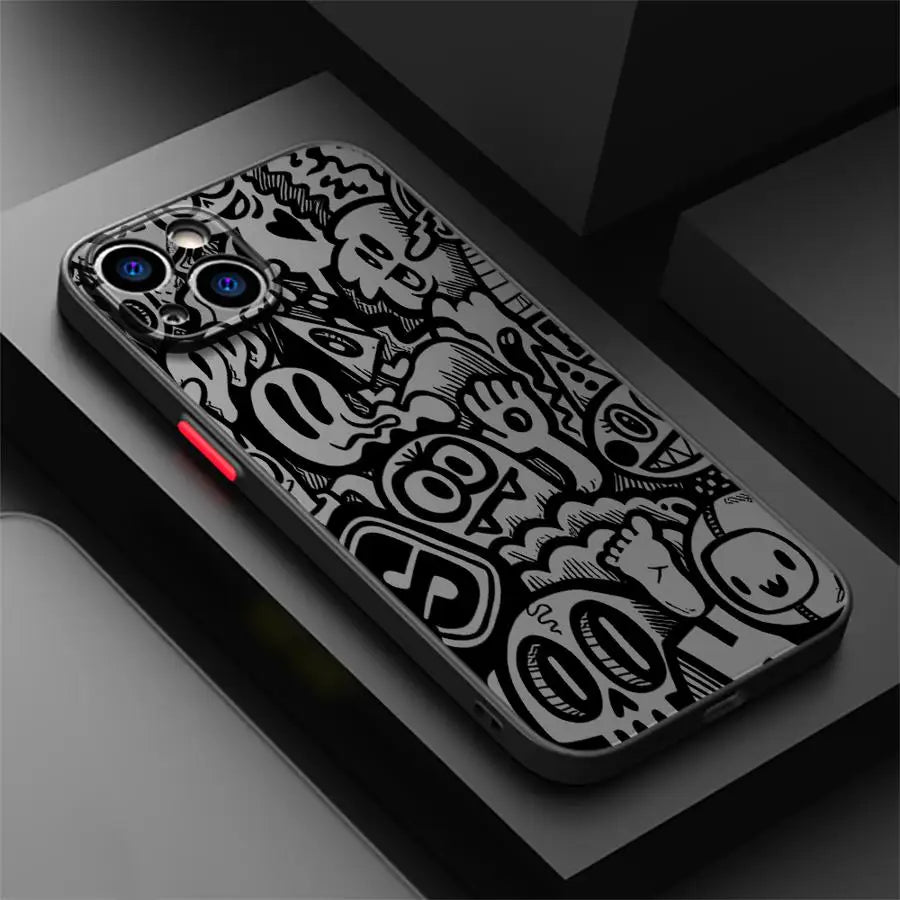 Luxury Black Graffiti Phone Case for iPhone 16 15 11 12 13 14 Pro Max 16 Plus 12 Mini 7 8 XS 15Pro Shockproof Matte Cover