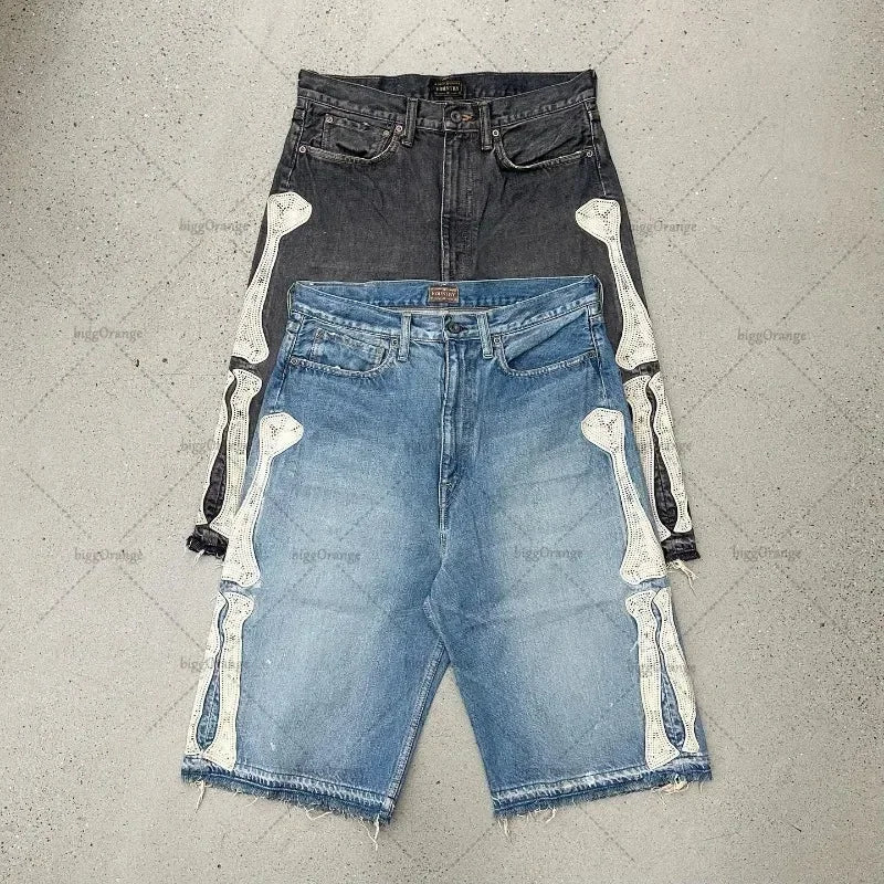 Summer retro skeleton denim shorts sports casual shorts new couple wearing street street 55 pants 2025 Europe and America