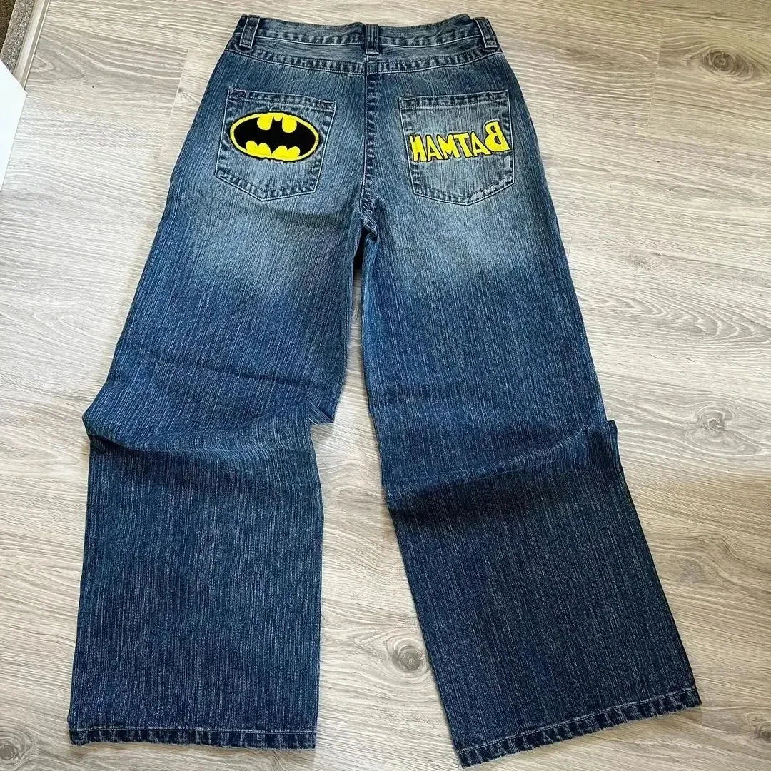 Harajuku Hip Hop Cartoon Letter Embroidery Retro Blue Baggy Jeans Mens Womens Jeans Rock Low Waist Wide Leg Trousers Y2K Clothes
