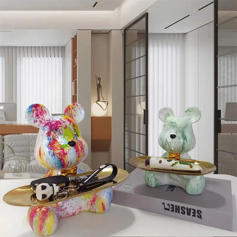 Graffiti Bear Figurine Home Decoration Animal Statue Keys Candy Storage Shelf Modern Room Sculpture Table Decor Statues Ornament