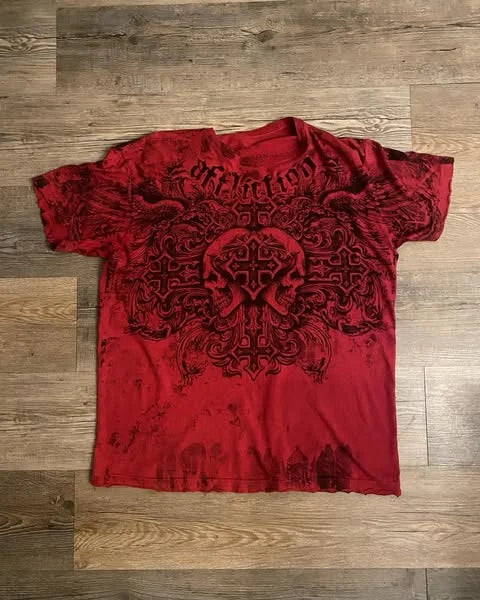 Hip Hop Multi-Element T-Shirt Mens American High Street Retro Loose Short-Sleeved Double-Sided Graffiti Printed Unisex Shirt