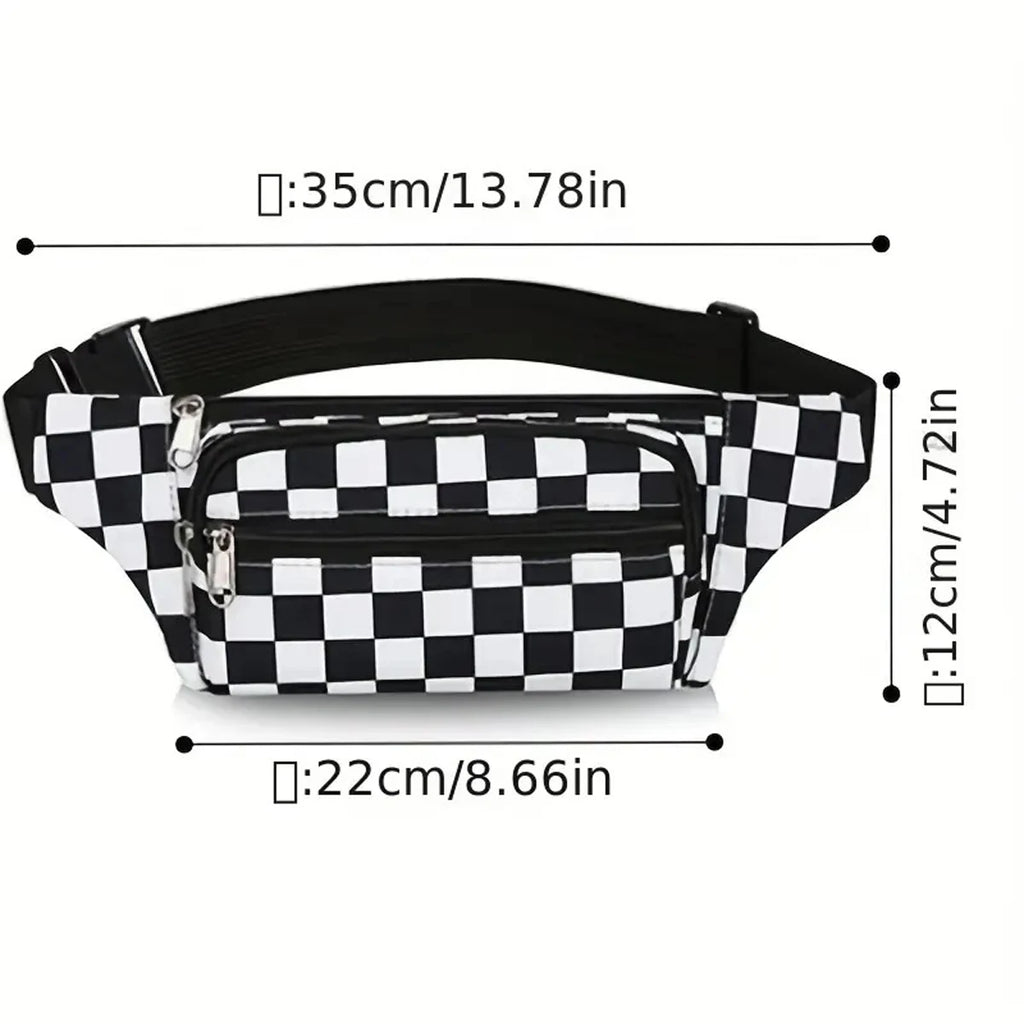 Large Capacity Waterproof Outdoor Sports Waist Bag Men's and Women's Black and White Plaid Mobile Phone Bag Student Waist Bag