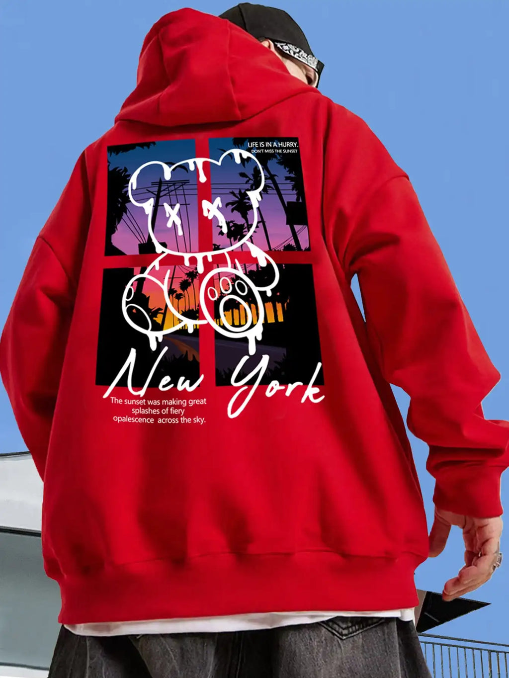 New York Art Word Cartoon Bear Sunset Scenery Design Male Clothing Hip Hop Street Hoodies All-Match Pocket Pullovers Men Hoody
