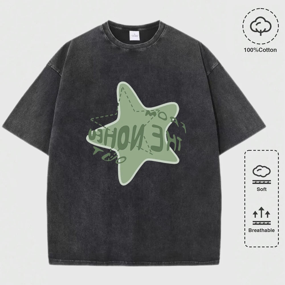 Graffiti Pentagram Print Washed T Shirt Mans O-Neck Casual Fashions Top Cotton Loose Clothes Summer Crewneck Men T-Shirts