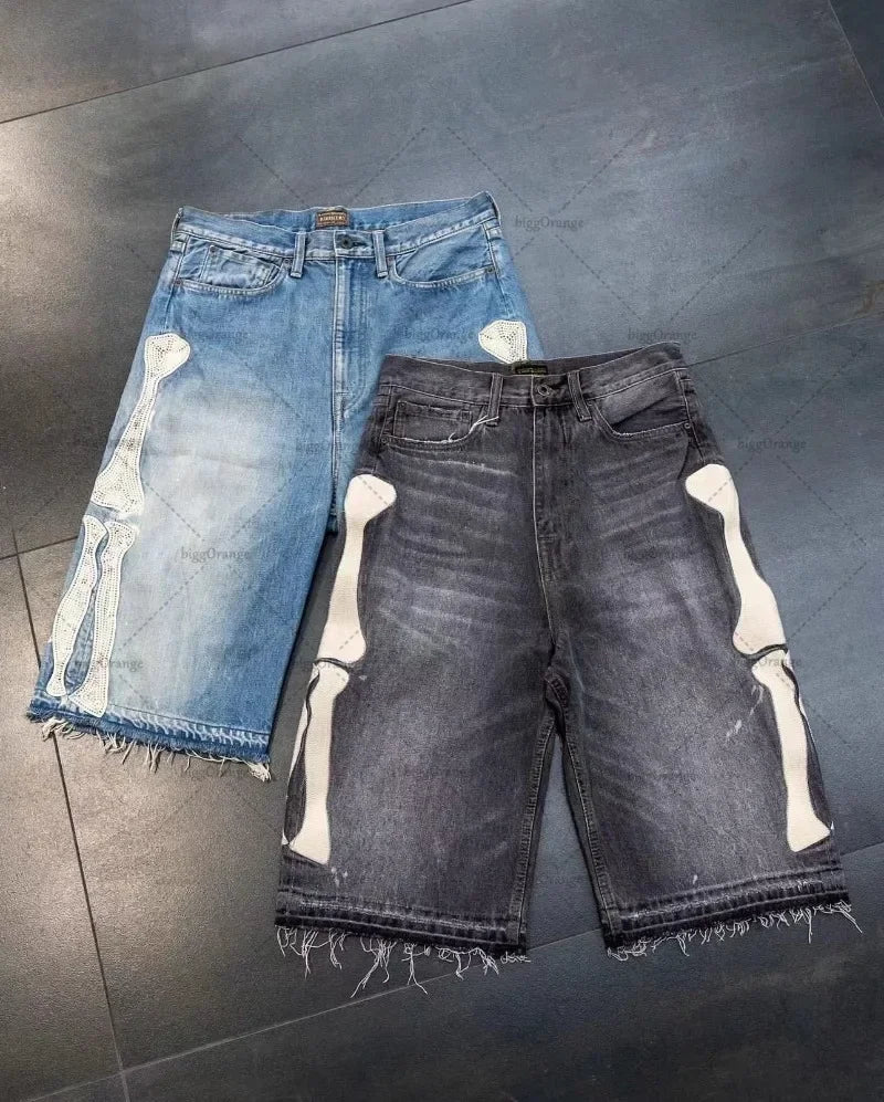 Summer retro skeleton denim shorts sports casual shorts new couple wearing street street 55 pants 2025 Europe and America