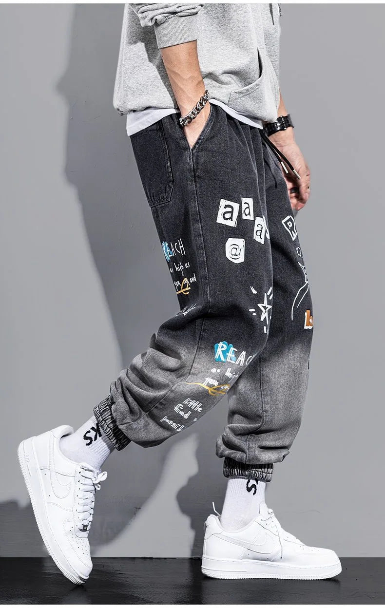Graffiti Printing Jeans Men's Gradient Hip Hop Trousers Harem Cartoon Loose Casual Ankle Banded Pants Cargo Denim Jeans Fashion