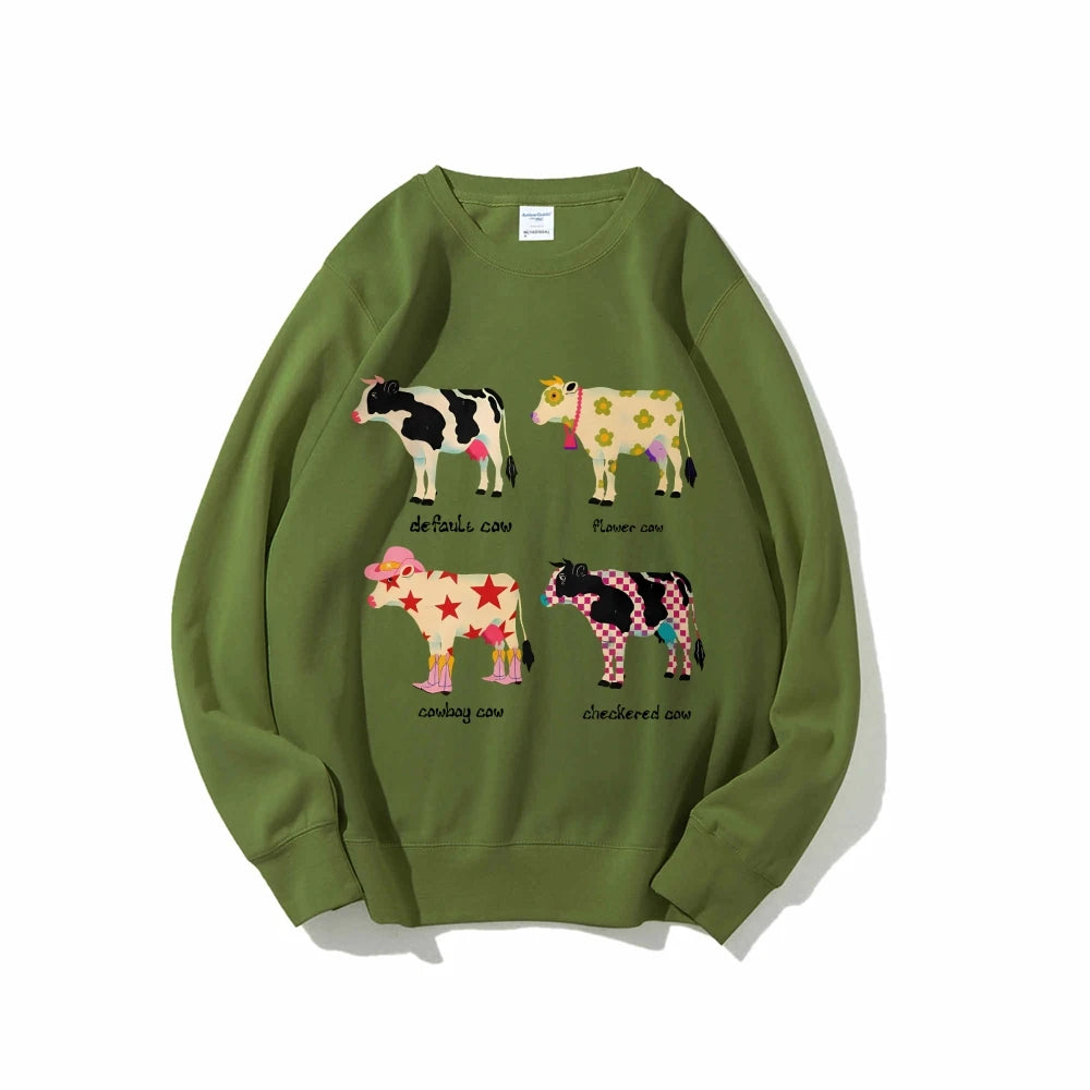 Cute Cow Print Sweater Women's Fashion Casual Crew Neck Pure Cotton Sweatshirt Long Sleeve Warm High Quality Street Wear