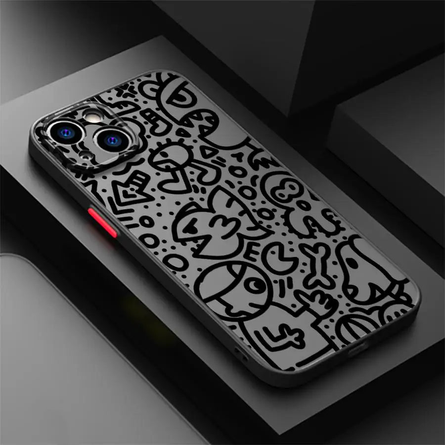 Luxury Black Graffiti Phone Case for iPhone 16 15 11 12 13 14 Pro Max 16 Plus 12 Mini 7 8 XS 15Pro Shockproof Matte Cover