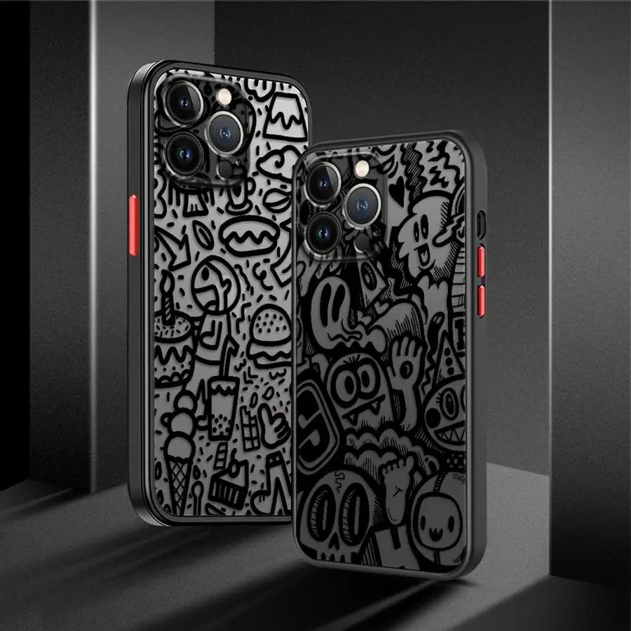 Luxury Black Graffiti Phone Case for iPhone 16 15 11 12 13 14 Pro Max 16 Plus 12 Mini 7 8 XS 15Pro Shockproof Matte Cover