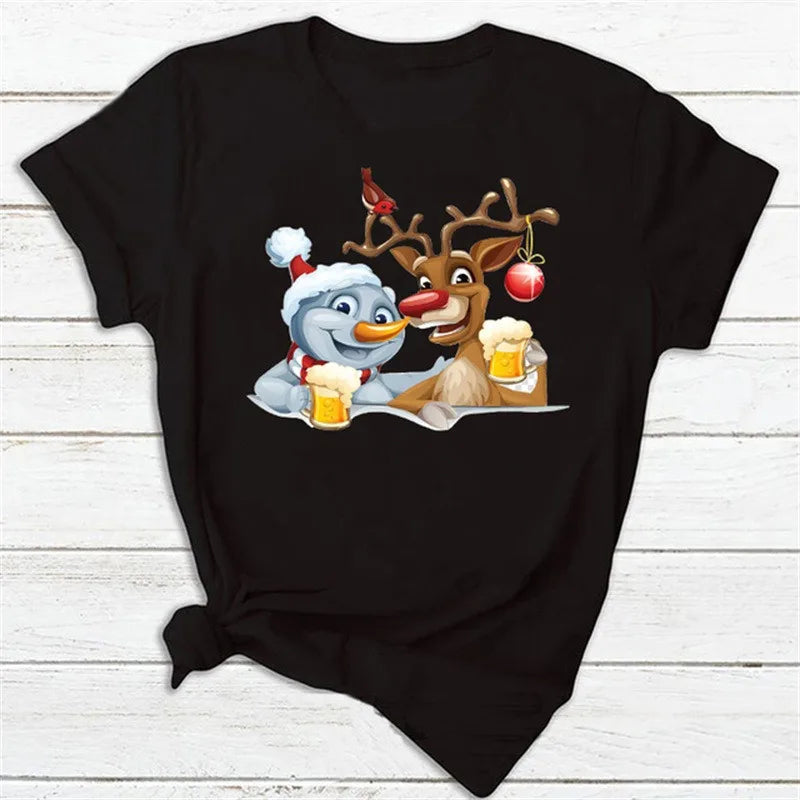 Christmas Theme Cartoon Graphic T Shirt Men Women Unisex Streetwear Cute Santa Claus Reindeer Print Casual Short Sleeve