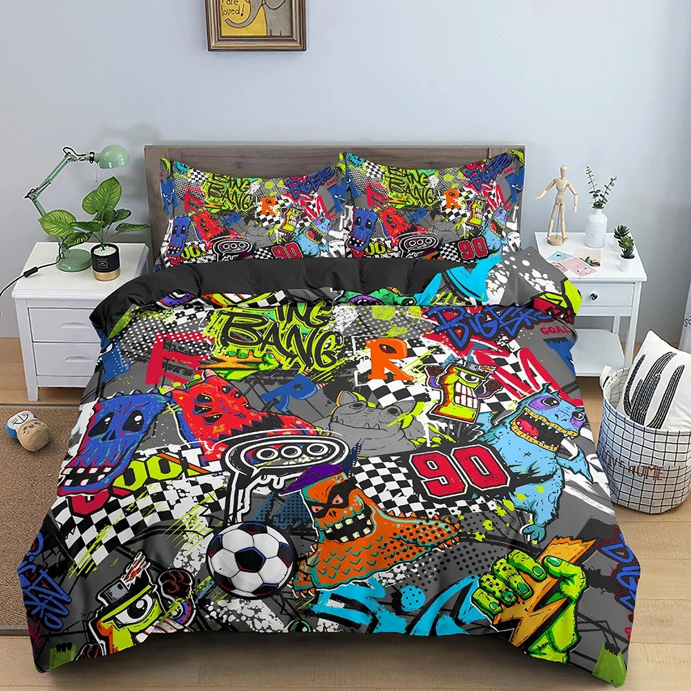 Hip Hop Decor Duvet Cover Colorful Bedspreads Cover Graffiti Pattern Street Culture Theme Decor Bedding Set for Adult Kids Teen
