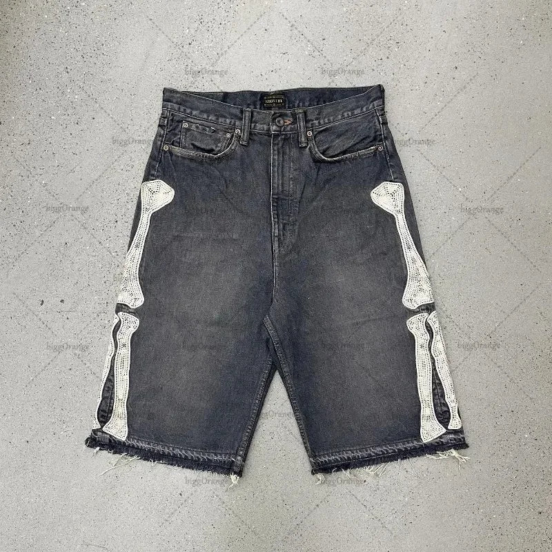 Summer retro skeleton denim shorts sports casual shorts new couple wearing street street 55 pants 2025 Europe and America