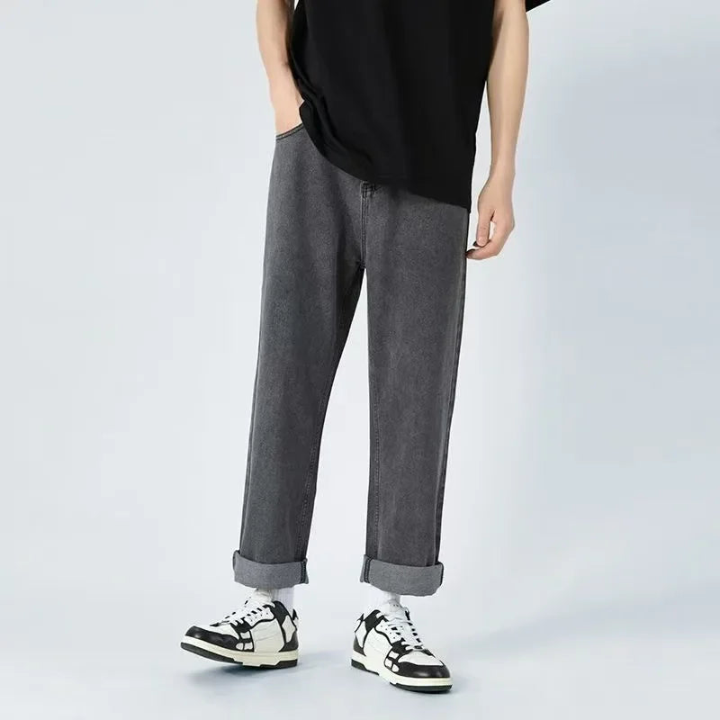 Street Elastic Jeans Men Denim Cargo Pants Wash Solid Color Multi Pockets Casual Mid Waist Trousers Slim Fit Daily Wear Joggers