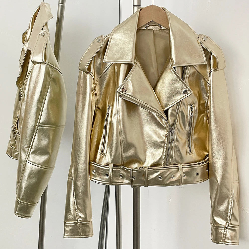 New Spring Woman Faux Leather Jacket Chic Vintage American street wear Short Lapel Zipper Belt Biker Coats Fashion Streetwear