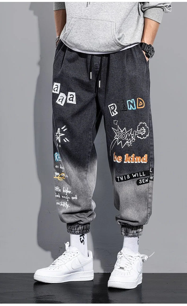 Graffiti Printing Jeans Men's Gradient Hip Hop Trousers Harem Cartoon Loose Casual Ankle Banded Pants Cargo Denim Jeans Fashion