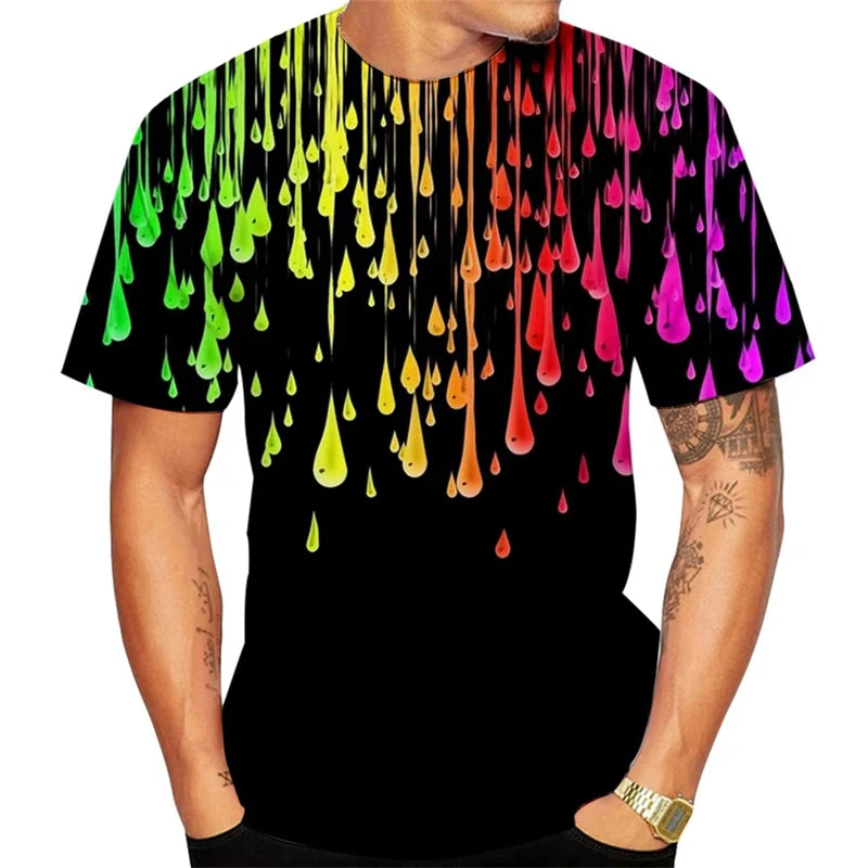 Water Drop Graffiti Pattern T-shirt For Men 3D Printing Colorful Line T Shirt Streetwear Hip Hop Summer New Street Tee Shirts