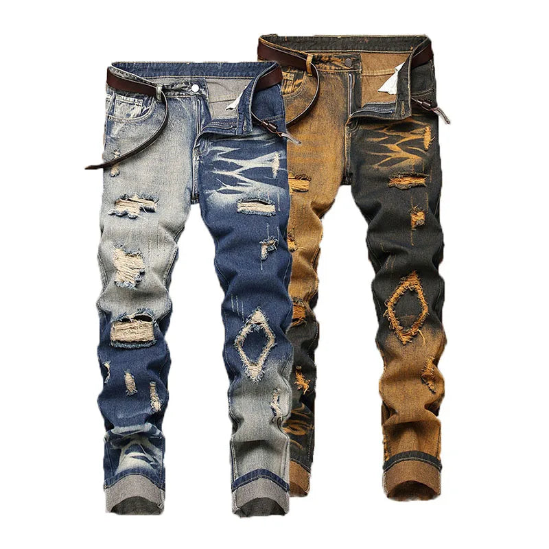 New Retro Jeans Men's Straight Leg Pants Ripped Jeans Fashionable Casual Pants Trousers Pants Street Wear Clothing