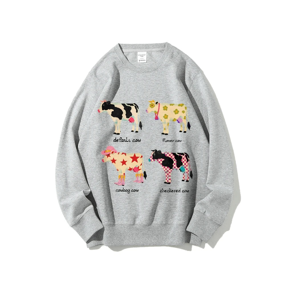 Cute Cow Print Sweater Women's Fashion Casual Crew Neck Pure Cotton Sweatshirt Long Sleeve Warm High Quality Street Wear
