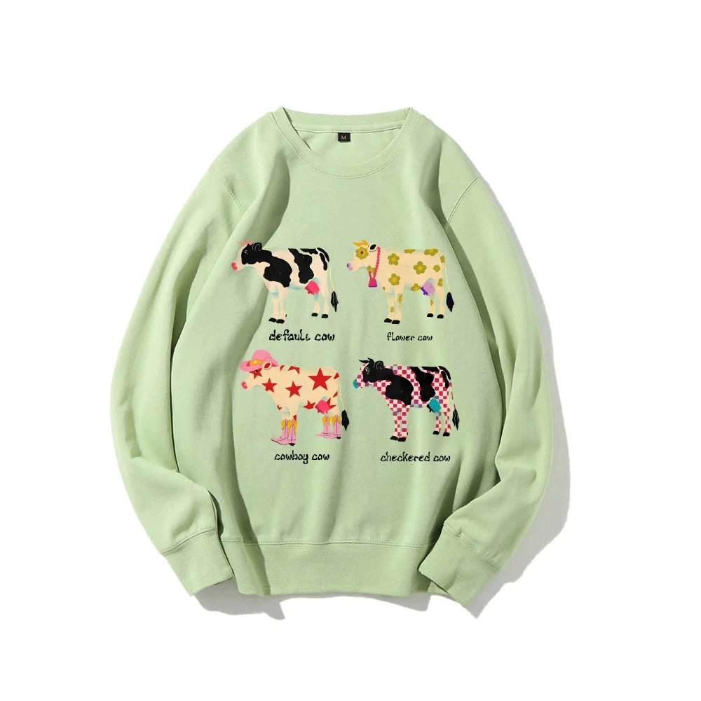 Cute Cow Print Sweater Women's Fashion Casual Crew Neck Pure Cotton Sweatshirt Long Sleeve Warm High Quality Street Wear