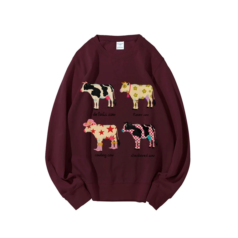Cute Cow Print Sweater Women's Fashion Casual Crew Neck Pure Cotton Sweatshirt Long Sleeve Warm High Quality Street Wear
