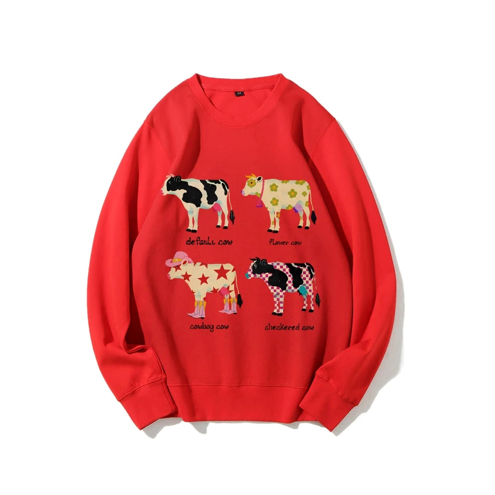 Cute Cow Print Sweater Women's Fashion Casual Crew Neck Pure Cotton Sweatshirt Long Sleeve Warm High Quality Street Wear