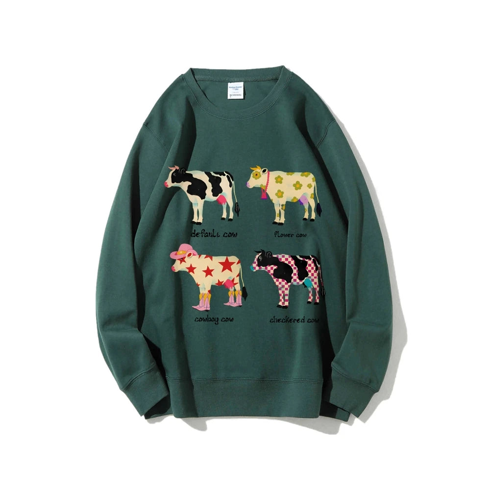 Cute Cow Print Sweater Women's Fashion Casual Crew Neck Pure Cotton Sweatshirt Long Sleeve Warm High Quality Street Wear